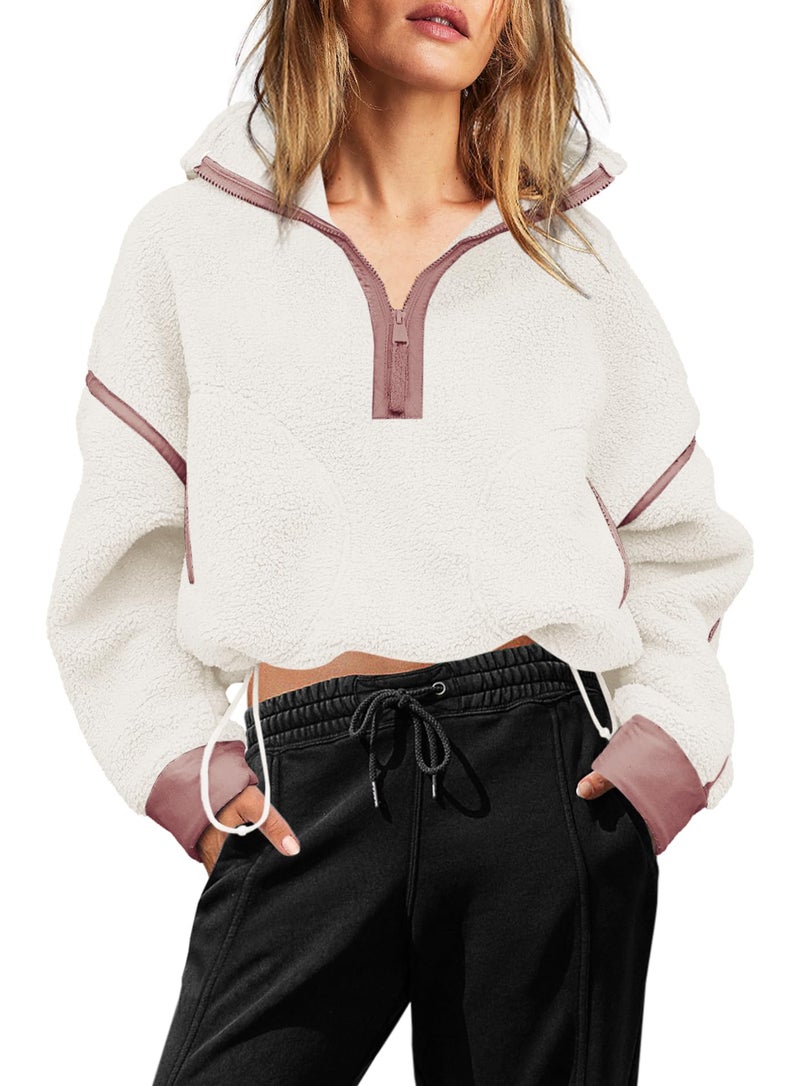 Yanekop Womens Quarter Zip Pullover Sherpa Fleece Jacket Oversized Zip Up Sweatshirt Half Zip Pullover Fuzzy Outerwear(Apricot Beige,XS) - Image 2