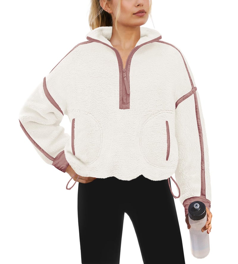 Yanekop Womens Quarter Zip Pullover Sherpa Fleece Jacket Oversized Zip Up Sweatshirt Half Zip Pullover Fuzzy Outerwear(Apricot Beige,XS) - Image 1