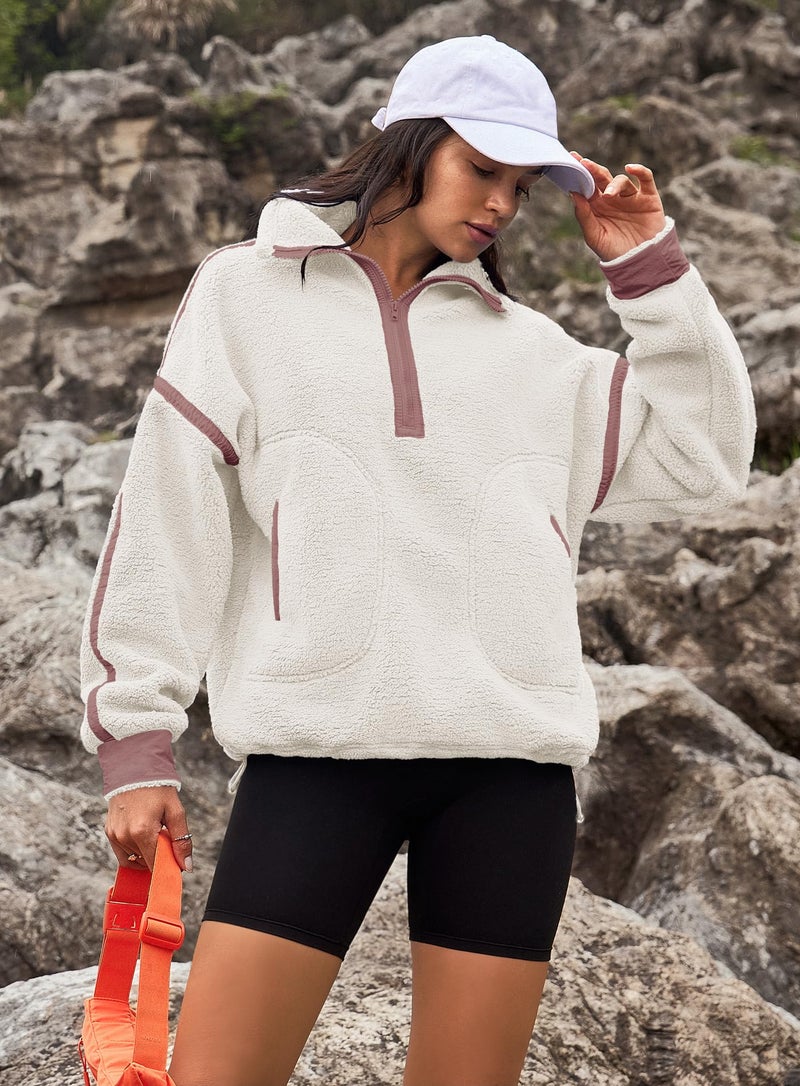 Yanekop Womens Quarter Zip Pullover Sherpa Fleece Jacket Oversized Zip Up Sweatshirt Half Zip Pullover Fuzzy Outerwear(Apricot Beige,XS) - Image 3