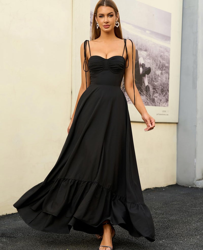 GLNEGE Women's Summer Spaghetti Strap Maxi Wedding Guest Dress Smocked Ruffle Tea Party Dresses Flowy A Line Sundress Black - Image 2