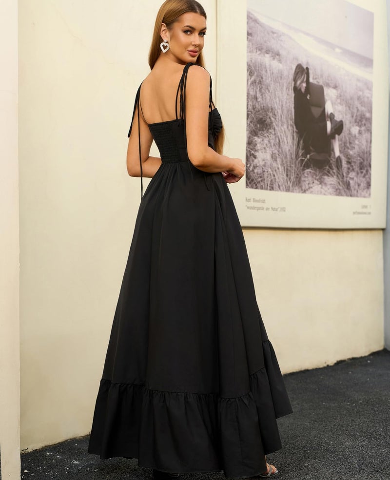 GLNEGE Women's Summer Spaghetti Strap Maxi Wedding Guest Dress Smocked Ruffle Tea Party Dresses Flowy A Line Sundress Black - Image 3