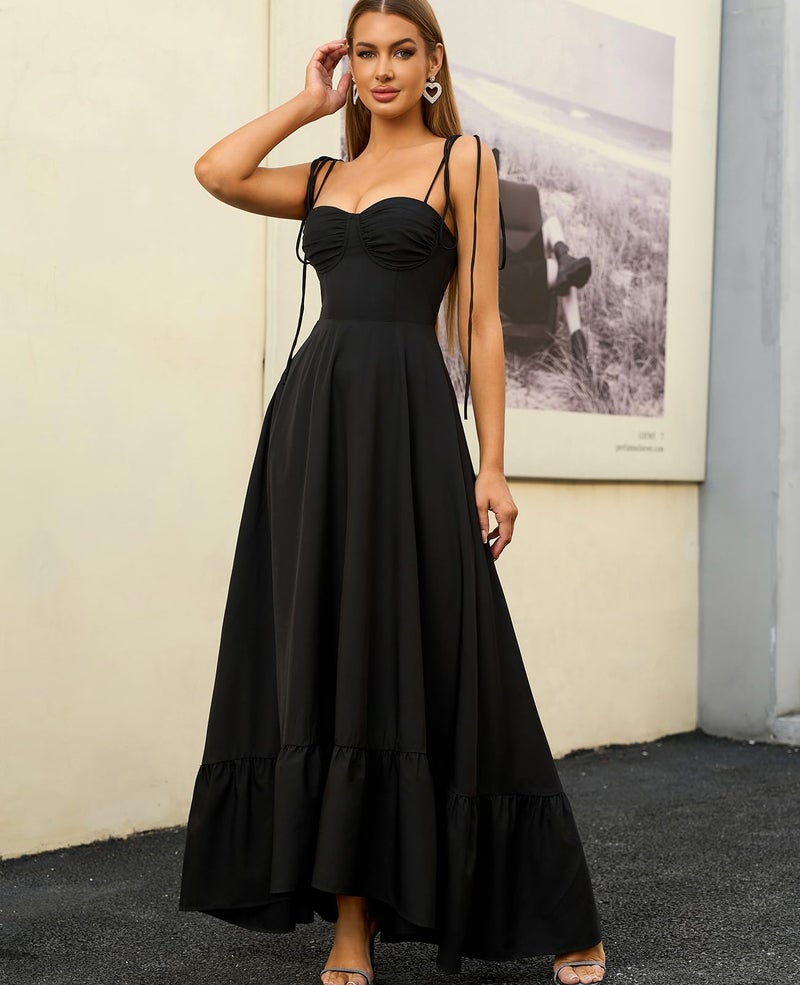 GLNEGE Women's Summer Spaghetti Strap Maxi Wedding Guest Dress Smocked Ruffle Tea Party Dresses Flowy A Line Sundress Black - Image 5