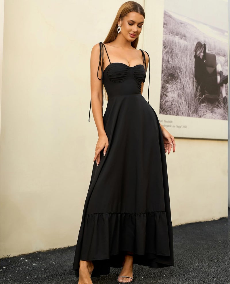 GLNEGE Women's Summer Spaghetti Strap Maxi Wedding Guest Dress Smocked Ruffle Tea Party Dresses Flowy A Line Sundress Black - Image 4
