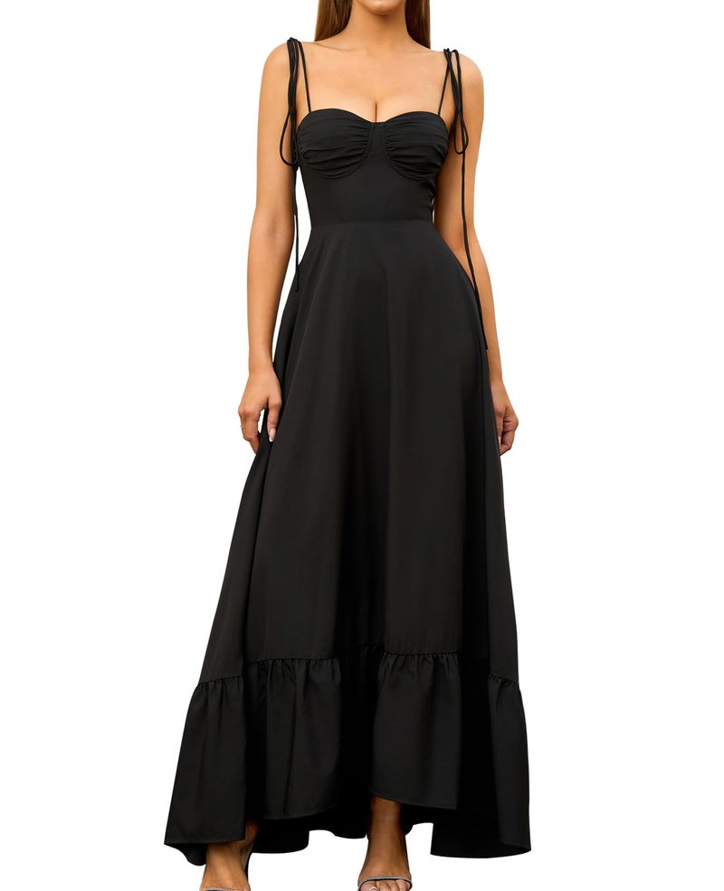 GLNEGE Women's Summer Spaghetti Strap Maxi Wedding Guest Dress Smocked Ruffle Tea Party Dresses Flowy A Line Sundress Black - Image 1