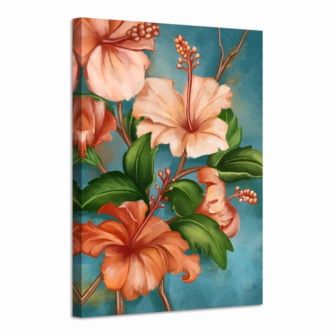 ORANGE AND TEAL WALL DECOR HAWAIIAN HIBISCUS FLOWER PAINTINGS PICTURE TROPICAL FLORAL CANVAS ART FOR LIVING ROOM KITCHEN DECORATION 24X36