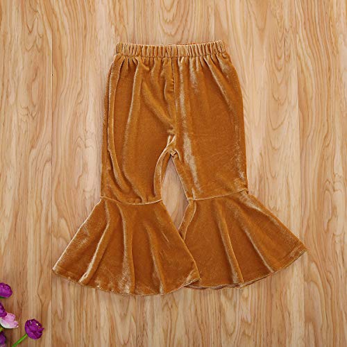 GOOCHEER Kids Toddler Little Baby Girl Fall Winter Velvet Bell Bottom Flare Pants Ruffle Leggings Trousers (Velvet-Golden, 6-12Months) - Image 2