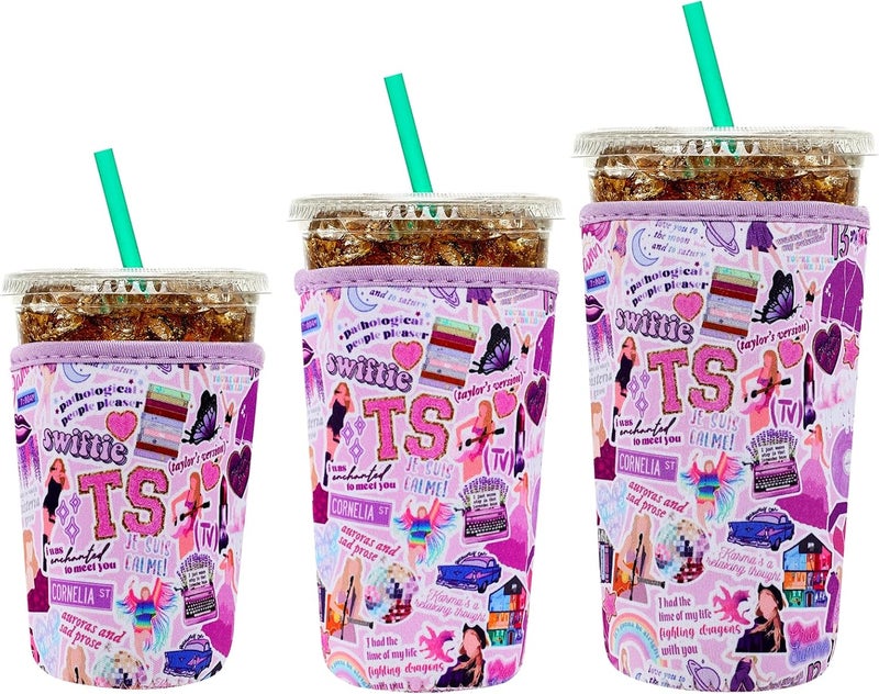 واي آر Reusable Neoprene Insulator Sleeve for Iced Coffee Cups, 3 Pack Coffee Coolies sleeves for Iced  Hot Drinks, Cold Beverage Cooler Compatible with Starbucks Coffee and More (Purple) - Image 1
