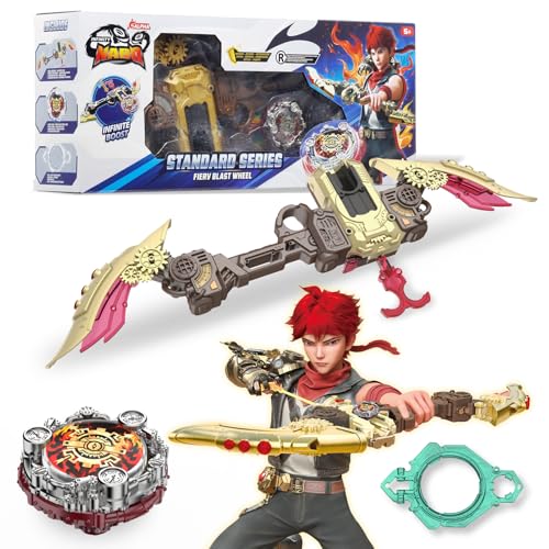 INFINITY NADO S7 Battle Top Starter Pack Set with BowShaped Launcher Infinite Acceleration Metal Defense Type Battle Toy RightSpinning Top Game Toys for Boys Girls 5 Fiery Blast Wheel Red - Image 1