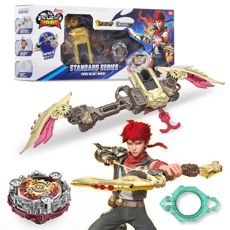 INFINITY NADO S7 Battle Top Starter Pack Set with BowShaped Launcher Infinite Acceleration Metal Defense Type Battle Toy RightSpinning Top Game Toys for Boys Girls 5 Fiery Blast Wheel Red - Image 3