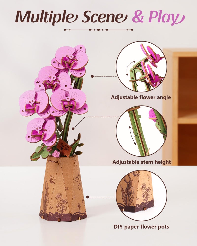 rowood Wooden Flower,3D Puzzles for Adults,Artifical Flower Botanical Collection Building Craft Kit,Mother's Day/Valentine's Day Purple Moth Orchid - Image 4