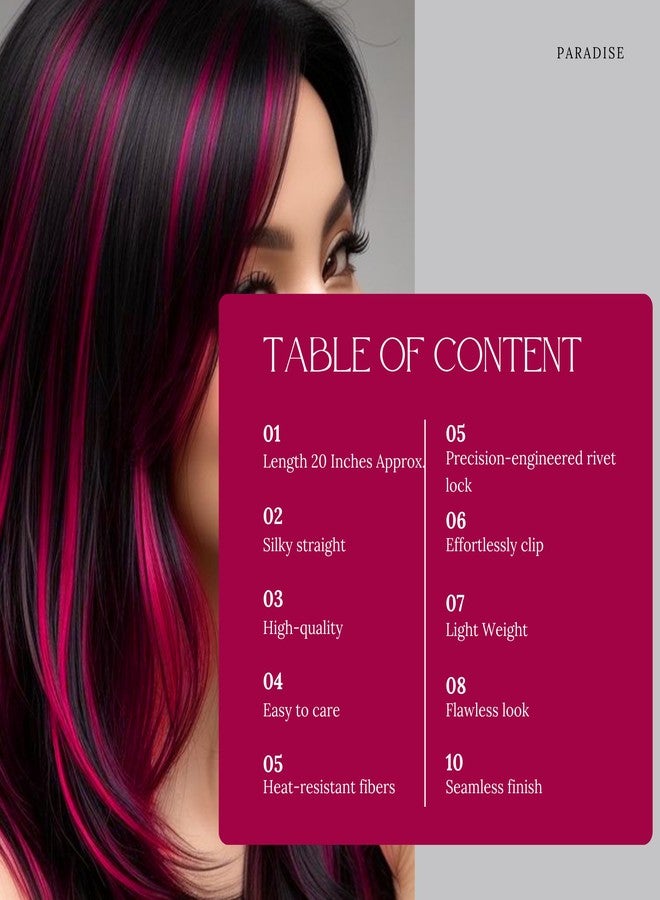 Paradise® Magenta Hair Extensions 22 inches, Pack of 4 Clip-based Straight Colored Hair Streaks for Women & Girls, Party Funky Synthetic Hair Patches - Image 2