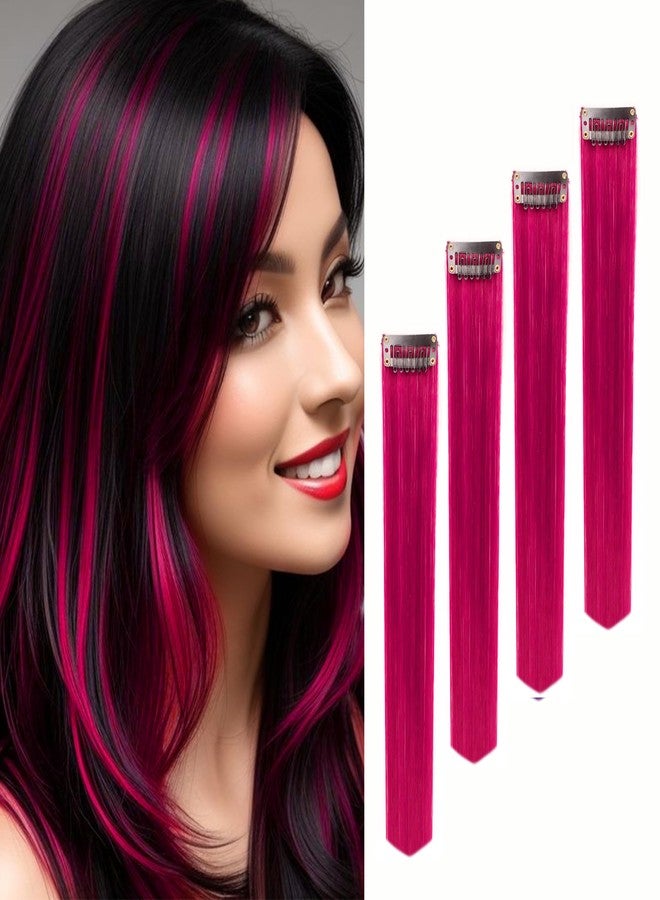 Paradise® Magenta Hair Extensions 22 inches, Pack of 4 Clip-based Straight Colored Hair Streaks for Women & Girls, Party Funky Synthetic Hair Patches - Image 1