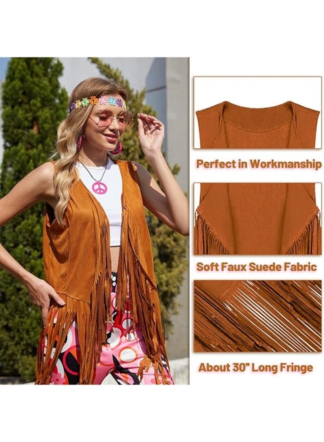 PAWSONIFY 60s 70s Outfits for Women Disco Hippie Costume Clothes Woman Peace Sign Earring Headband Fringe Vest Tassel Cardigan - Image 5