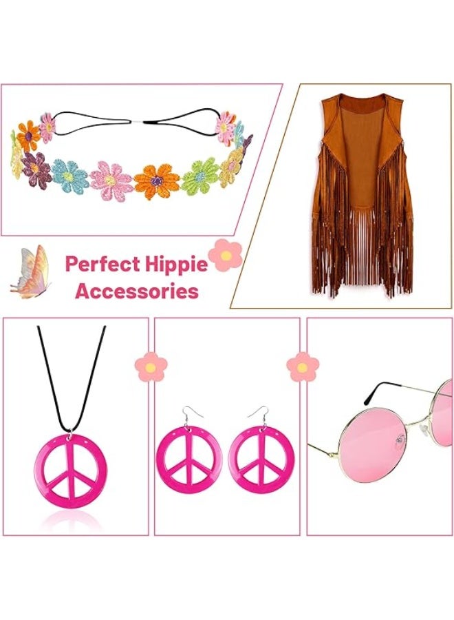 PAWSONIFY 60s 70s Outfits for Women Disco Hippie Costume Clothes Woman Peace Sign Earring Headband Fringe Vest Tassel Cardigan - Image 2