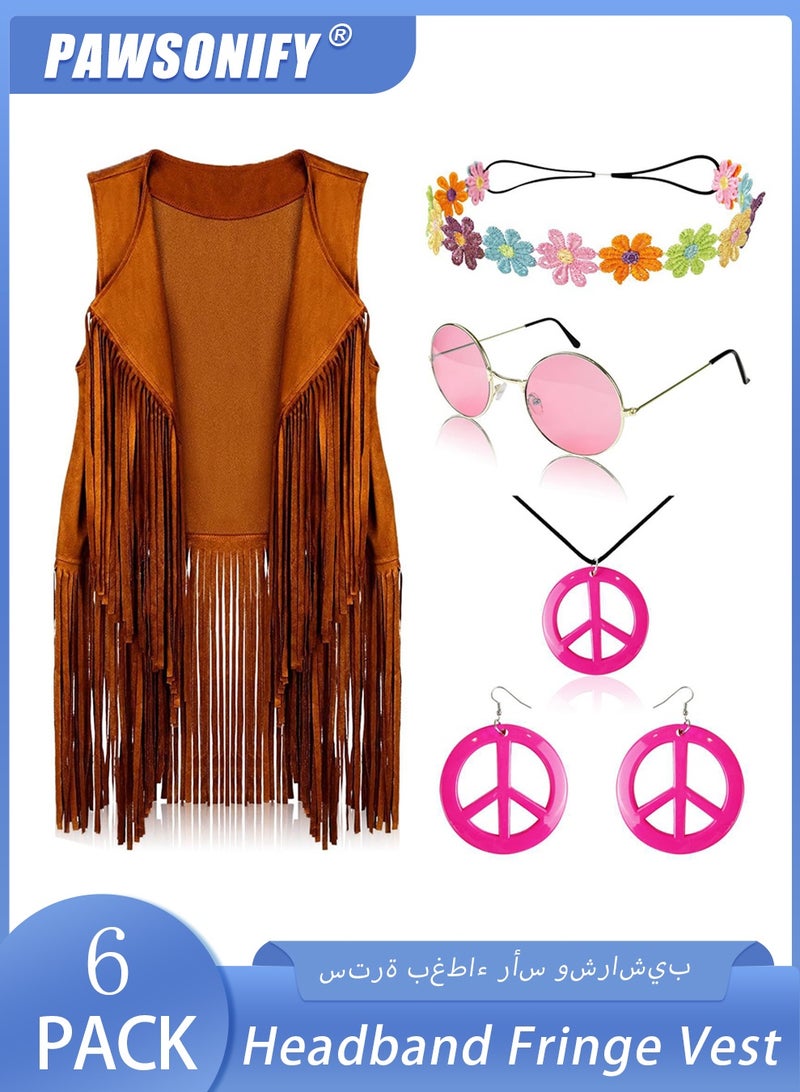 PAWSONIFY 60s 70s Outfits for Women Disco Hippie Costume Clothes Woman Peace Sign Earring Headband Fringe Vest Tassel Cardigan - Image 1