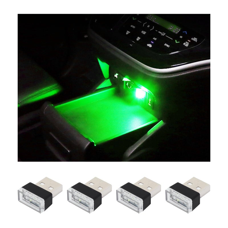 Augeny 4 PCS USB LED Car Interior Atmosphere Lamp Plugin USB Decor Night Light Portable Auto Ambient Lighting Kit Universal Vehicle Interior Accessories for Most Cars Green