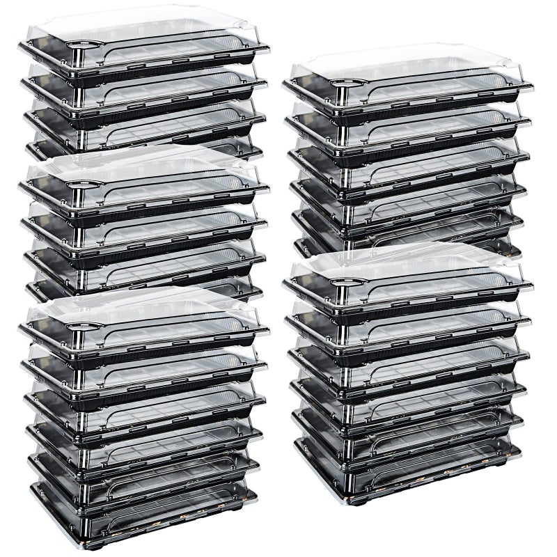 JMIATRY 30 Pcs Reusable Small Plastic Buffets Catering Trays with Lids 247mmx156mm Sweet Treat and Sandwich Platter Trays Black Pattern Base Food Containers for Party Food and Buffets