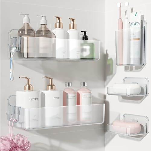 Nieifi Adhesive Wall Shelf, Shower Shelves 5 Pack with Soap Holder, Shower Organizer for Bathroom Organization, Clear - Image 1