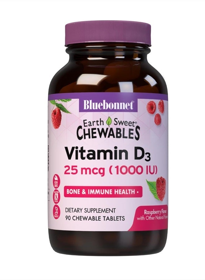 BlueBonnet Nutrition Earth Sweet Vitamin D3 1000 IU Chewable Tablets, Raspberry, 90 Count - Image 1