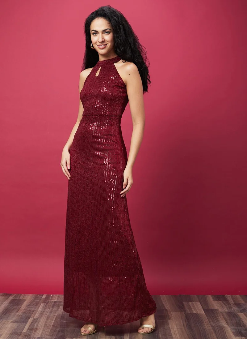 globus Globus Women Halter Keyhole Neck Sequinned Maxi Gown Party Dress