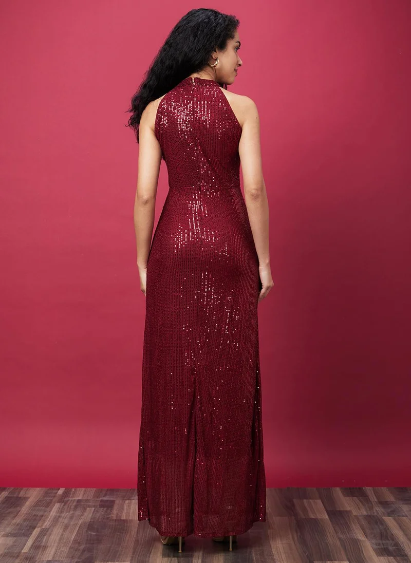 globus Globus Women Halter Keyhole Neck Sequinned Maxi Gown Party Dress