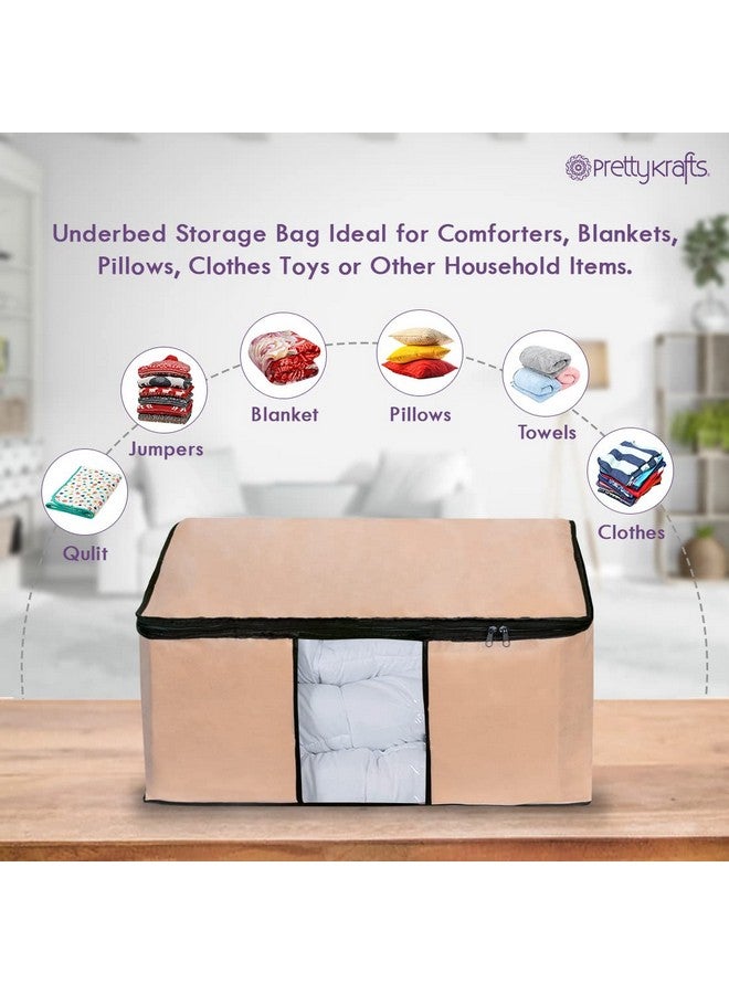 بريتي كرافتس مجموعة من قطعتين منظمين لتخزين الملابس أسفل السرير مقاومين للرطوبة وغير منسوجين مع قفل بسحاب ومقابض | منظم خزانة الملابس لحاف الساري القماشي وبطانية وحقيبة تخزين الألعاب (62X45X30 سم، بيج) - Image 2