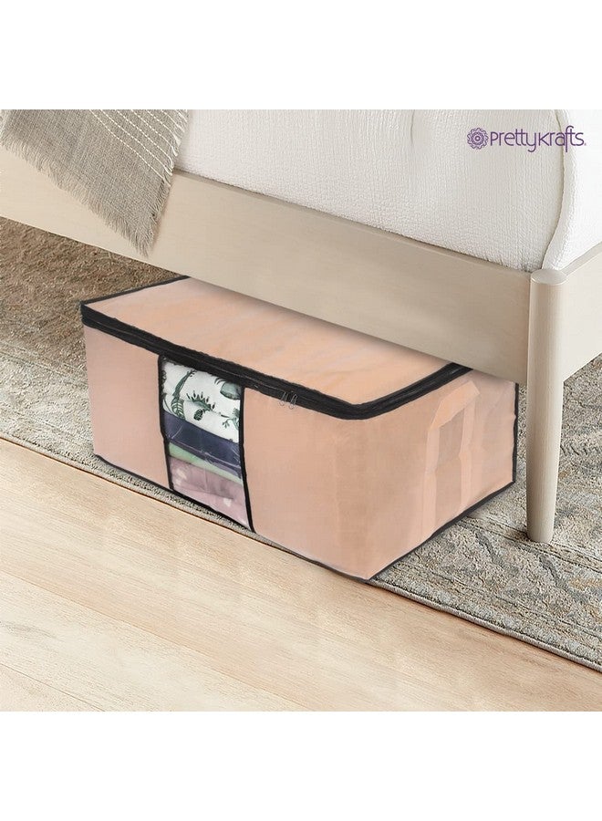 بريتي كرافتس مجموعة من قطعتين منظمين لتخزين الملابس أسفل السرير مقاومين للرطوبة وغير منسوجين مع قفل بسحاب ومقابض | منظم خزانة الملابس لحاف الساري القماشي وبطانية وحقيبة تخزين الألعاب (62X45X30 سم، بيج) - Image 5