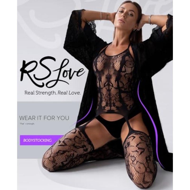 RSLOVE النساء شبكة صيد السمك بوديستوكينج المرفقة جوارب مثير الملابس الداخلية Crotchless ارتداءها قطعة واحدة بيبي دول حجم واحد - Image 2
