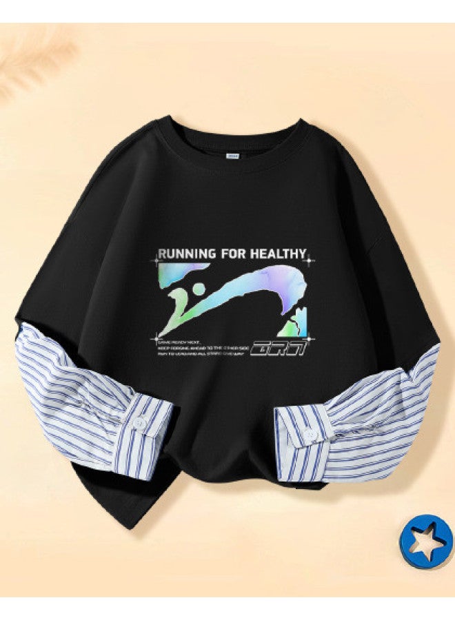 Noble bird Boys' Long Sleeve T-shirt, Loose And Skin-friendly, Spliced Design, 2025 Autumn Gradient Print Sports Top For Older Kids - Image 1