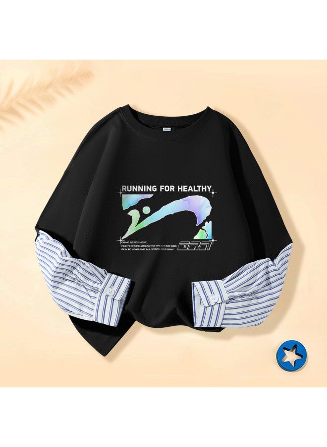 Noble bird Boys' Long Sleeve T-shirt, Loose And Skin-friendly, Spliced Design, 2025 Autumn Gradient Print Sports Top For Older Kids - Image 2