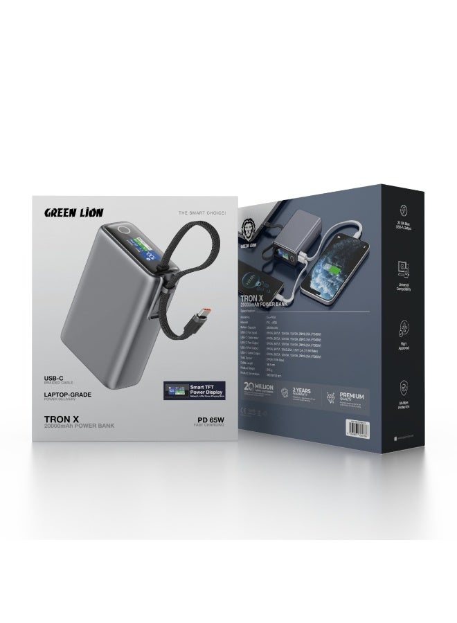 GREEN LION Tron X 20000mAh Power Bank with Smart Power Display & PD 65W / USB-C & USB-A Ports / Flight-Approved / Built-in USB-C Cable / Fast Charge Support / Multiple Protection / Powerbank Flight Approved - Grey - Image 4