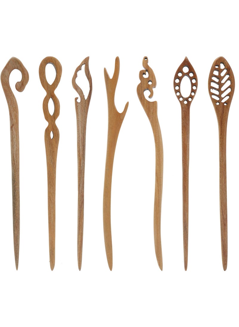 Lawie - Lawie 7 Pack Vintage Retro Handmade Ancient Chinese Japanese Brown Wooden Hair Sticks Chopsticks Hair Pins Picks Wood Sandalwood Carved Smooth Long Horn Fork Pen Hairpins Clips for Bun Chignon Holder - Image 1