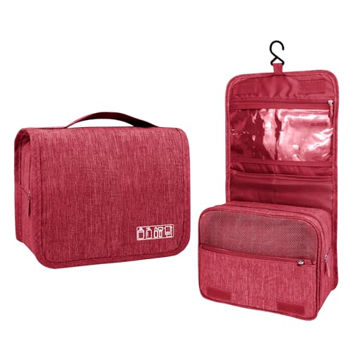Lcsmaokin Large Capacity Toiletry Bag Travel Bag with Hanging Hook for Men and Women Waterproof Travel Cosmetic Bag Bathroom Storage Bag for Brushes Set, Full-Sized Shampoo, Toiletries, Wine Red - Image 1