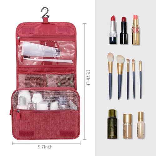 Lcsmaokin Large Capacity Toiletry Bag Travel Bag with Hanging Hook for Men and Women Waterproof Travel Cosmetic Bag Bathroom Storage Bag for Brushes Set, Full-Sized Shampoo, Toiletries, Wine Red - Image 5