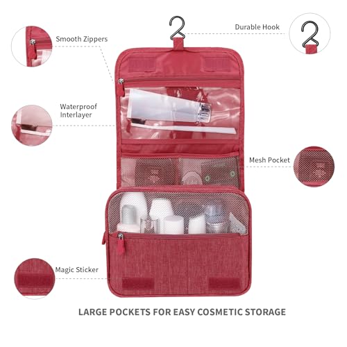 Lcsmaokin Large Capacity Toiletry Bag Travel Bag with Hanging Hook for Men and Women Waterproof Travel Cosmetic Bag Bathroom Storage Bag for Brushes Set, Full-Sized Shampoo, Toiletries, Wine Red - Image 2