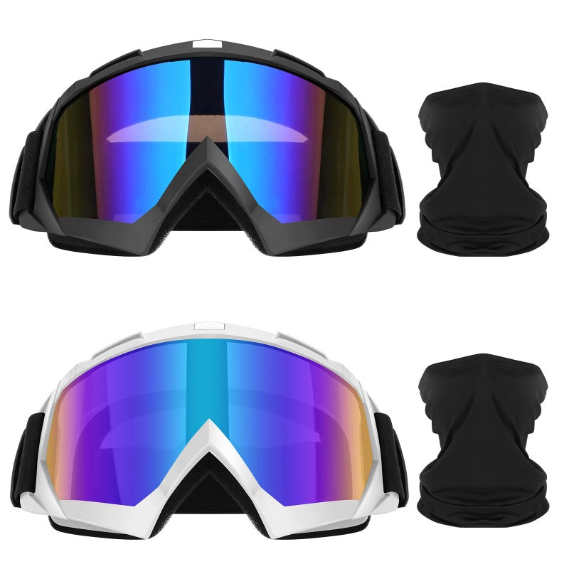 Lievermo Motorcycle Goggles Dirt Bike 2 Pack ATV OffRoad Riding Motocross Ski Goggles Windproof Glasses with Sun UV Protection Neck Gaiter Face Cover BlackWhite