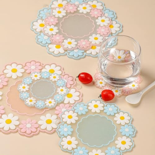 Turbid Silicone Coasters for Dining Table, Set of 3 20 * 20 CM Large Round Pink Daisy Flower Design, Non-Slip, Heat Resistant Trivet Mats, Dining Table Pads for Hot Pots, Bowls, Dishes & Drink - Image 5