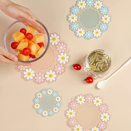Turbid Silicone Coasters for Dining Table, Set of 3 20 * 20 CM Large Round Pink Daisy Flower Design, Non-Slip, Heat Resistant Trivet Mats, Dining Table Pads for Hot Pots, Bowls, Dishes & Drink - Image 4