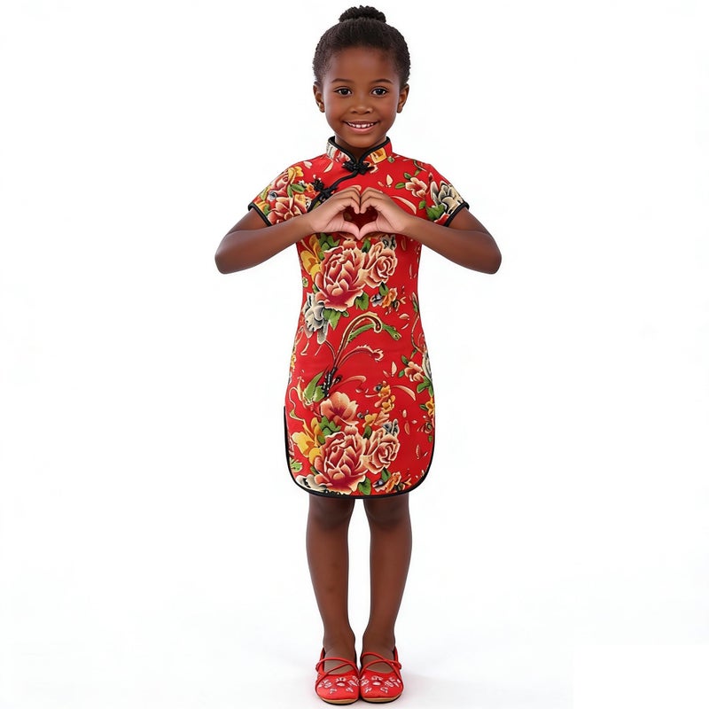 SZCQ Foral Baby Girls Dress New Year Qipao Vintage Chinese Cheongsam Princess Costume (Red, 12) - Image 5