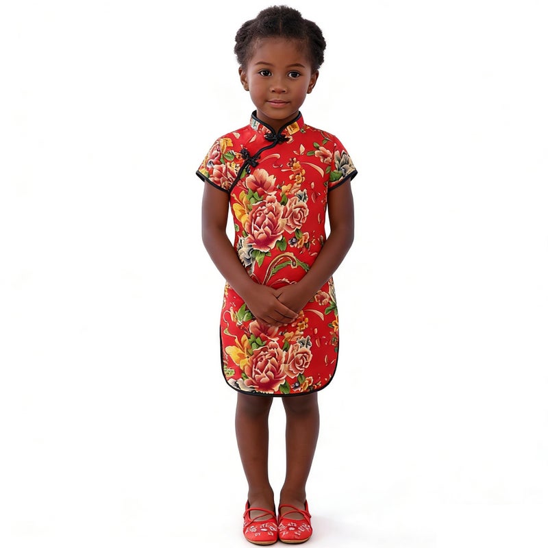 SZCQ Foral Baby Girls Dress New Year Qipao Vintage Chinese Cheongsam Princess Costume (Red, 12) - Image 2