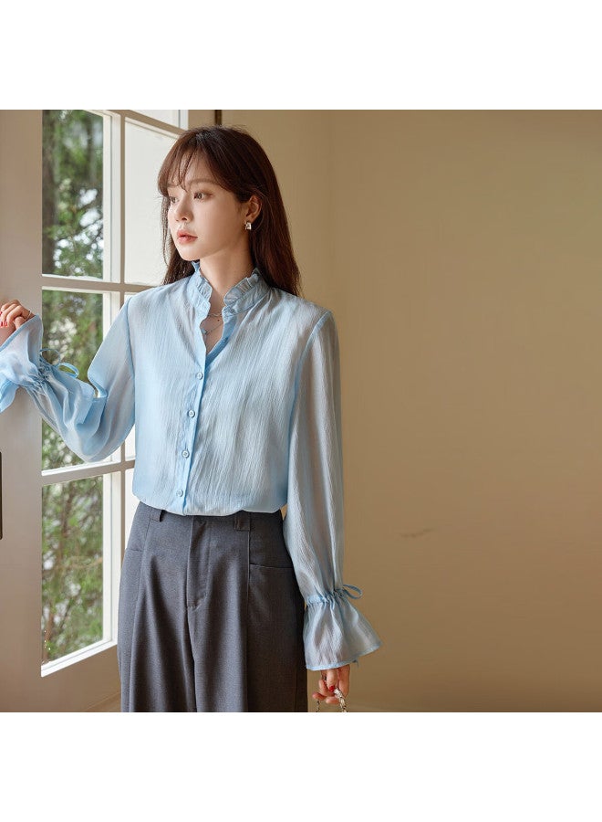 Mt Autumn Small Rising Collar Ruffle Sleeve Tie-back Ruffle Blouse For Women - Image 4