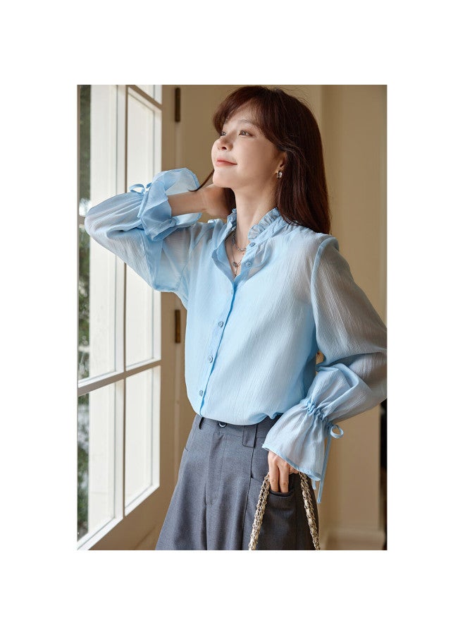 Mt Autumn Small Rising Collar Ruffle Sleeve Tie-back Ruffle Blouse For Women - Image 3