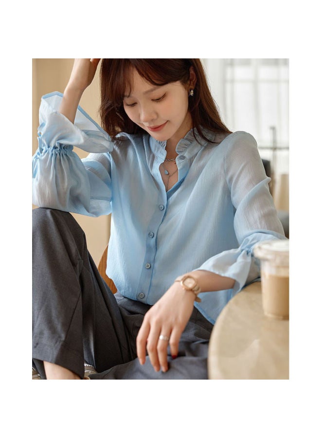 Mt Autumn Small Rising Collar Ruffle Sleeve Tie-back Ruffle Blouse For Women - Image 1