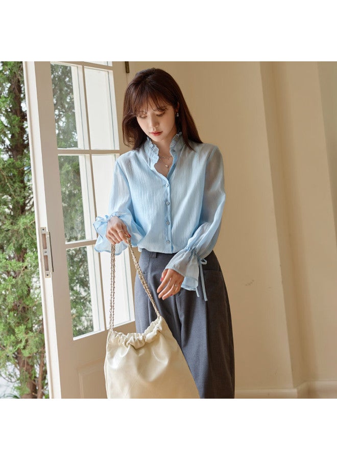 Mt Autumn Small Rising Collar Ruffle Sleeve Tie-back Ruffle Blouse For Women - Image 2