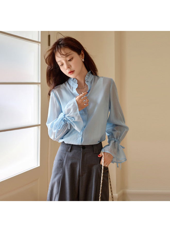 Mt Autumn Small Rising Collar Ruffle Sleeve Tie-back Ruffle Blouse For Women - Image 5