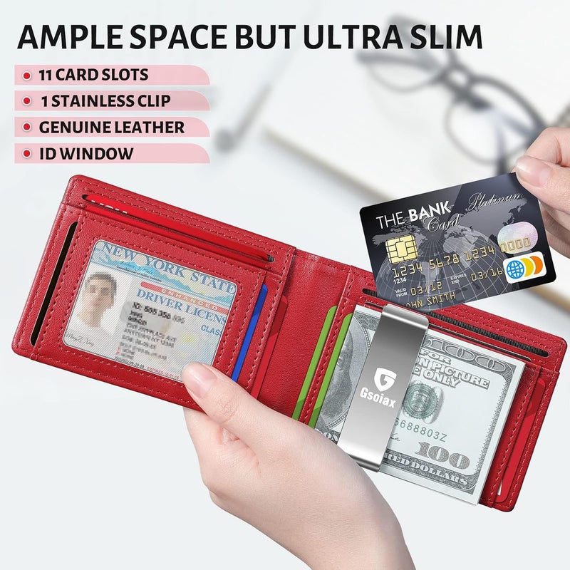 GSOIAX محفظة الرقيقة للرجال، مزودة بحماية ضد تقنية RFID، تصميم مزدوج الأجزاء، مصنوعة من جلد أصلي وألياف كربونية، تحتوي على حامل لبطاقات الائتمان، باللون الأحمر، رفيعة الوزن، مع صندوق هدايا. - Image 3