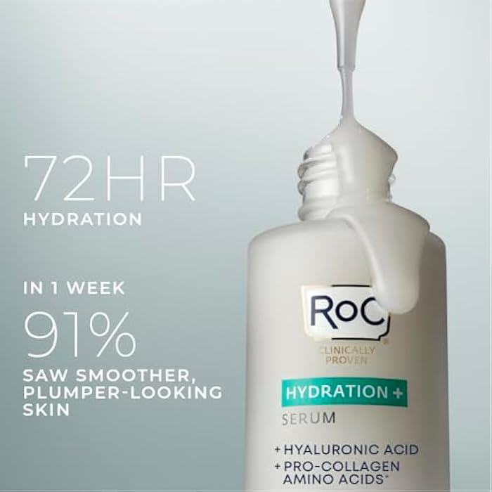 RoC Hydration+ Hyaluronic Acid Serum for Face, Hydrating, Plumping, Fragrance Free, Lightweight Formula with Collagen Proteins (1 Ounce) with Retinol Eye Cream Packette - Image 3