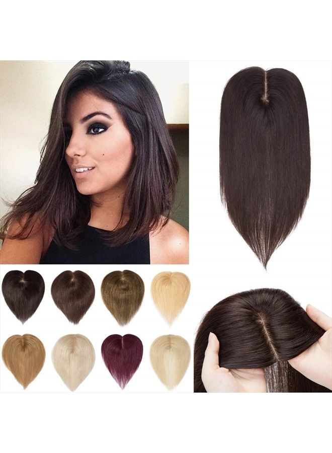 S-noilite Human Hair Toppers 130% Density Hand Made Silk Base Clip in Topper Top Hair Pieces For Women with Thinning Hair/Hair Loss Cover Gray Hair 12Inch 40g #2 Dark Brown - Image 1