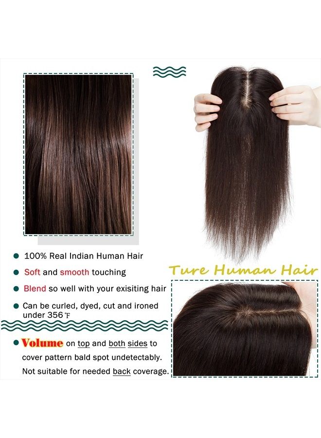 S-noilite Human Hair Toppers 130% Density Hand Made Silk Base Clip in Topper Top Hair Pieces For Women with Thinning Hair/Hair Loss Cover Gray Hair 12Inch 40g #2 Dark Brown - Image 4