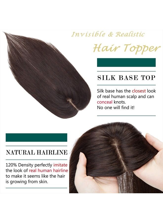S-noilite Human Hair Toppers 130% Density Hand Made Silk Base Clip in Topper Top Hair Pieces For Women with Thinning Hair/Hair Loss Cover Gray Hair 12Inch 40g #2 Dark Brown - Image 2